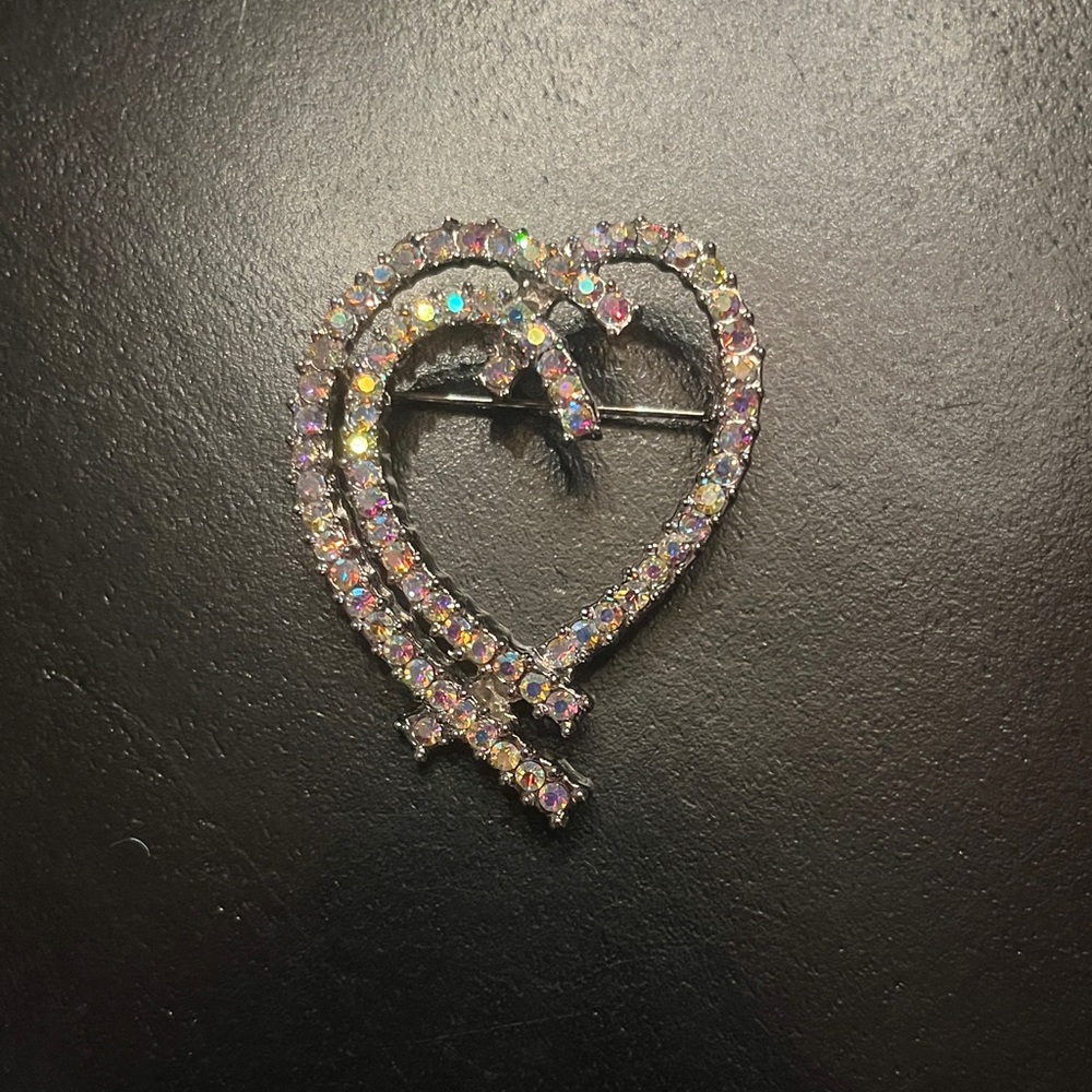 Vintage Silver tone Heart Brooch with AB stones